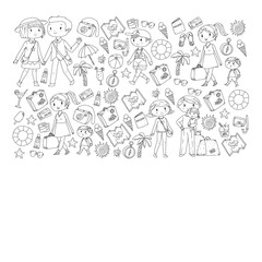 Fototapeta na wymiar Vector pattern with travel and beach icons. Parents with little kids. Children summer vacation.