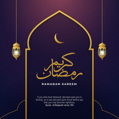 Ramadan Kareem poster background vector illustration design with mosque decoration and islamic traditional lantern lamp. Translation : Ramadan Kareem