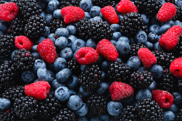 Blackberry, raspberry, blueberry background.  Top view.