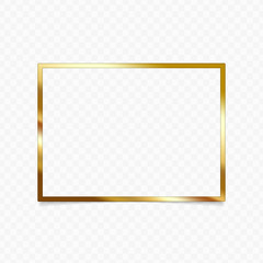 Gold shiny glowing vintage frame with shadows isolated on transparent background. Wedding, mothers or Valentines day concept. Metal gradient. Golden luxury realistic border. Vector EPS 10.