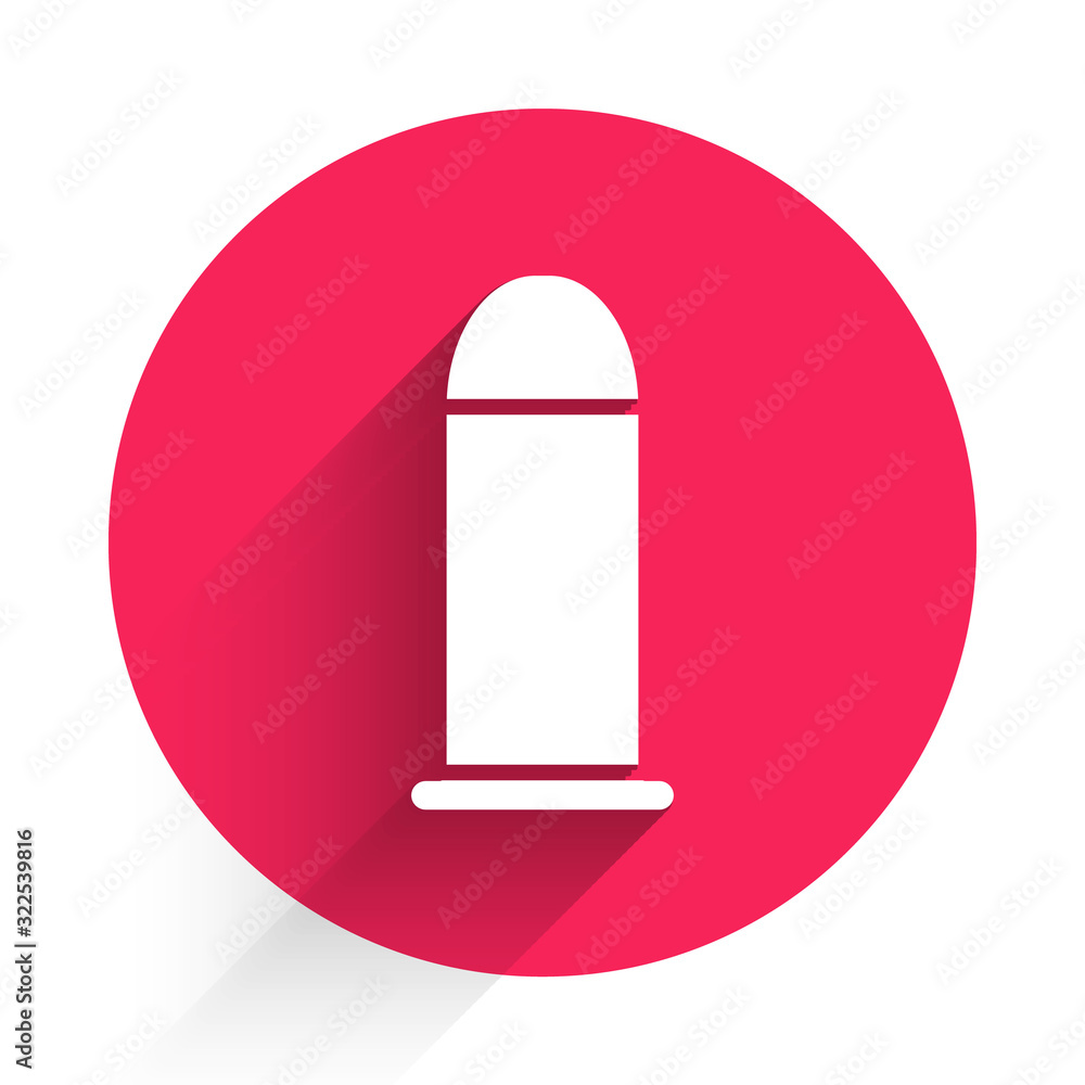 Poster white bullet icon isolated with long shadow. red circle button. vector illustration