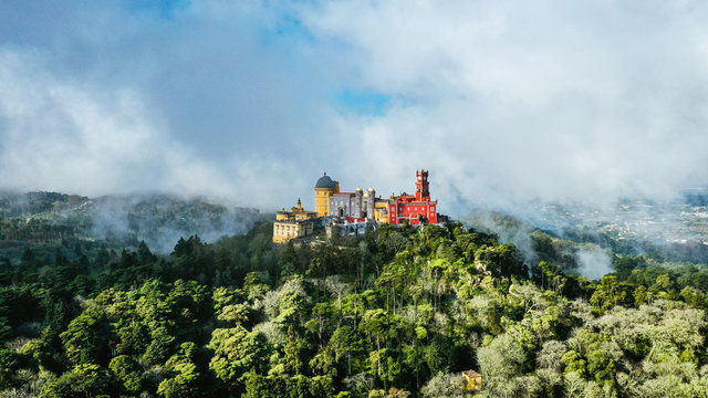 Aerial view of the Pena National Palace, Sintra, Portugal