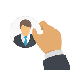 Customer retention concept. Hand of a businessman holding client icon. Providing save customer loyalty. Vector illustration in flat style. EPS 10.