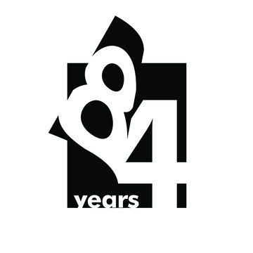 Isolated abstract logo 84 years. In the form of an open book, magazine. Happy greeting card for the 84th birthday. Black color writing on white background.