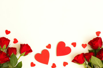valentines day composition with roses and hearts on white  background