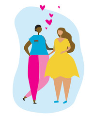 A african american lesbian and girl european and love isolated on a white background for design as Against Homophobia concept, a flat vector stock illustration with a romantic couple and rainbow heart