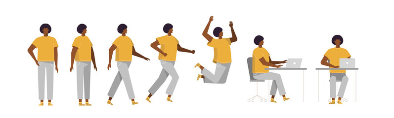 Set of Afro American man in different poses. Male character for your design project, animation. Vector trendy illustration, flat design. White background, isolated. Boy walk, stand, run, jump, sit
