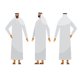 Collection of body positions for animation. Front, side, rear. Different poses male character. Arab young man in traditional clothing Thobe. Vector illustration. Flat design, isolated on white