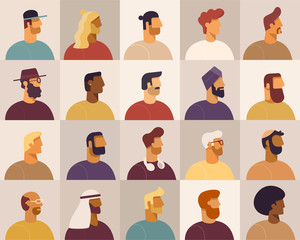 Collection of profile portraits or heads of male cartoon characters. Various nationality. Blond, brunet, redhead, african american, asian, muslim, european. Set of avatars. Vector, flat design