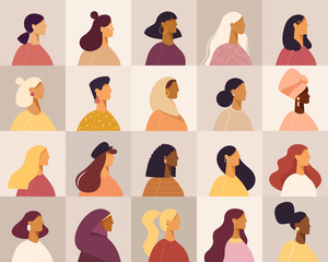 Collection of profile portraits or heads of female cartoon characters. Various nationality. Blonde, brunette, redhead, african american, asian, muslim, european. Set of avatars. Vector, flat design