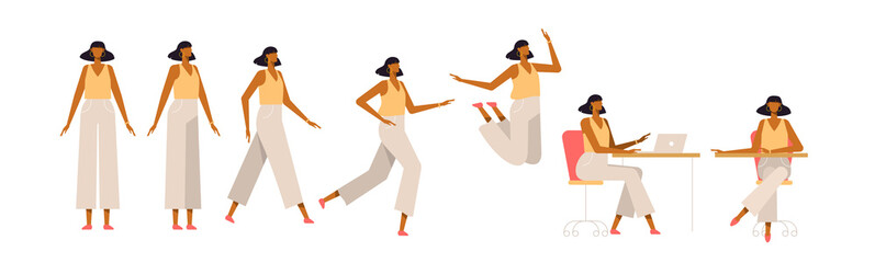 Set of a fashionable woman in different poses. Female character for your design project, animation. Vector trendy illustration, flat style. White background, isolated. Girl walk, stand, run, jump, sit