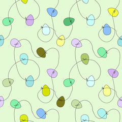 Multi-colored Easter eggs are scattered on a tablecloth and tied with a ribbon. Seamless vector patten with hand-drawn contour. Festive design for packaging, gift, paper, fabric, print.