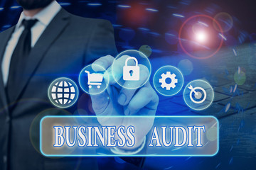 Conceptual hand writing showing Business Audit. Concept meaning examination of the financial report...