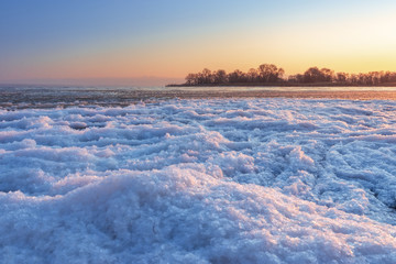 winter beach dawn time / bright winter landscape