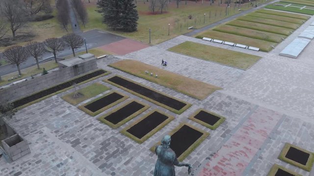 Piskaryovskoye memorial cemetery, panorama view from above, aerial. Sculpture of the Motherland and mass graves of those killed during the siege of Leningrad