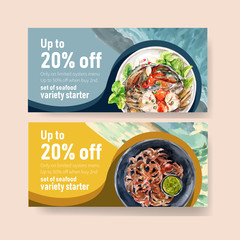 Seafood voucher design with mud crab, octopus illustration watercolor.
