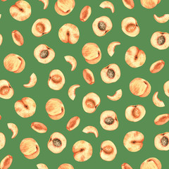 Seamless pattern with watercolor peaches. Hand drawn peach pattern. Summer pattern with fruits. Background with watercolor peaches. 