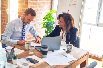 Obraz premium Two middle age business workers smiling happy and confident. Working together with smile on face using laptop at the office