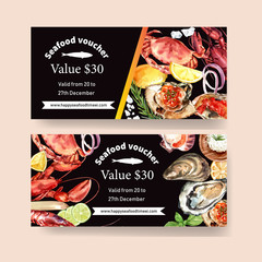 Seafood voucher design with crab, lobster, oyster illustration watercolor.