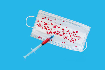 Surgical mask with rubber ear straps.Procedure mask from bacteria. Protection concept.             ...