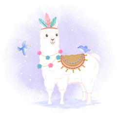 Cute Llama and birds hand drawn cartoon illustration