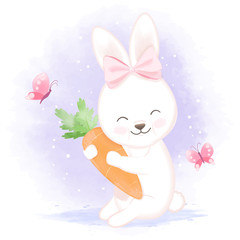 Baby rabbit with carrot, hand drawn cartoon watercolor illustration