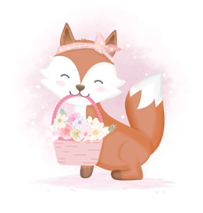 Cute fox and flower in basket, hand drawn cartoon watercolor illustration