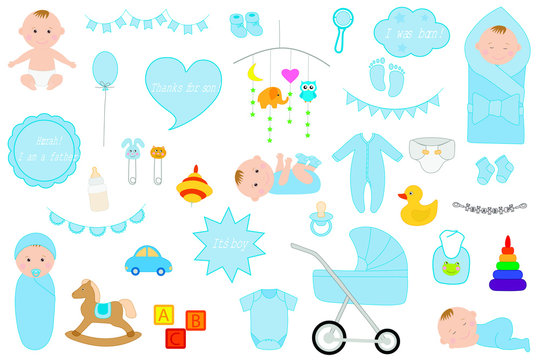 Cute newborn kids boy vector drawing. Set for a discharge from the hospital. Baby sleeps playing sucks pacifier. Cubes yula rattle stroller © Ирина Шишкова