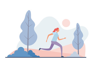 Woman running in park in morning. Flat vector illustration