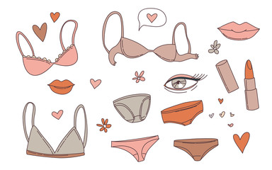 Women's underwear lingerie bras panties, lips, lipstick, flowers set stickers. - obrazy, fototapety, plakaty