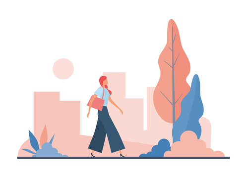 Stylish Woman Commuting To Work. Flat Vector Illustration