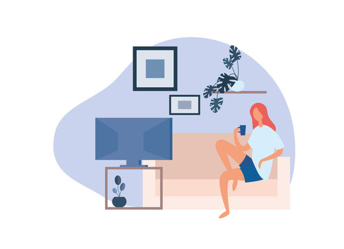Female watching TV at home. Flat vector illustration