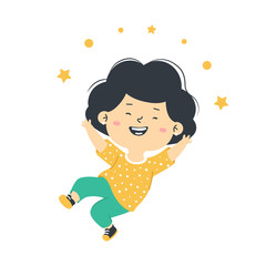 Little happy girl jumps. Child is happy, laughing and jumping. Vector illustration isolated on white background
