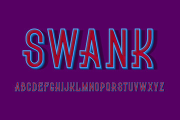 Volumetric swank alphabet of blue letters with red diagonal hatching inside. 3d display font. Isolated english alphabet.