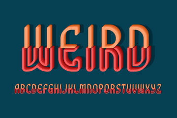 Volumetric weird alphabet of orange red letters of two parts. 3d display font. Isolated english alphabet.