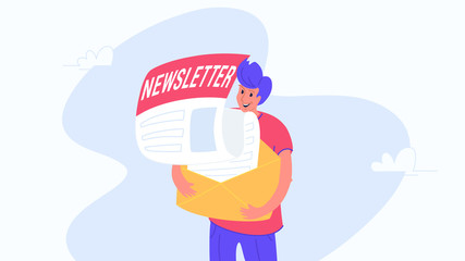 Happy smiling man hugging envelope with newsletter