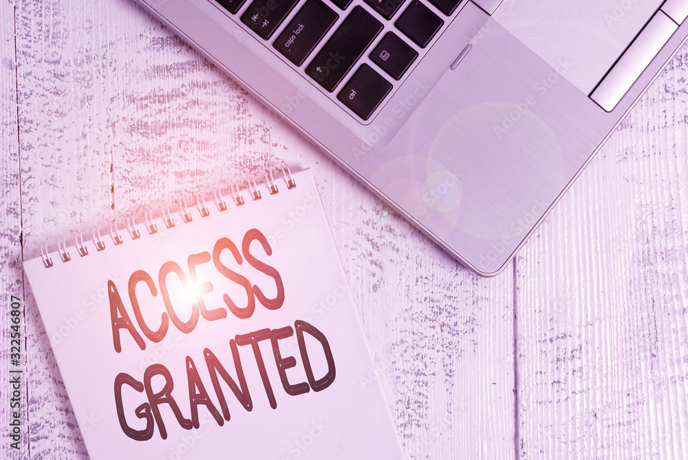 Poster writing note showing access granted. business concept for admittance of users to system and network 