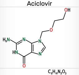 Aciclovir, acyclovir, ACV, antiviral agent, C8H11N5O3 molecule. It is used to treat herpes simplex, Varicella zoster, herpes zoster. Skeletal chemical formula