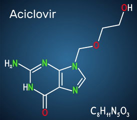 Aciclovir, acyclovir, ACV, antiviral agent, C8H11N5O3 molecule. It is used to treat herpes simplex, Varicella zoster, herpes zoster. Structural chemical formula on the dark blue background