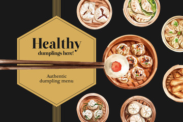 Dim sum frame design with dumpling, steamed bun watercolor illustration.
