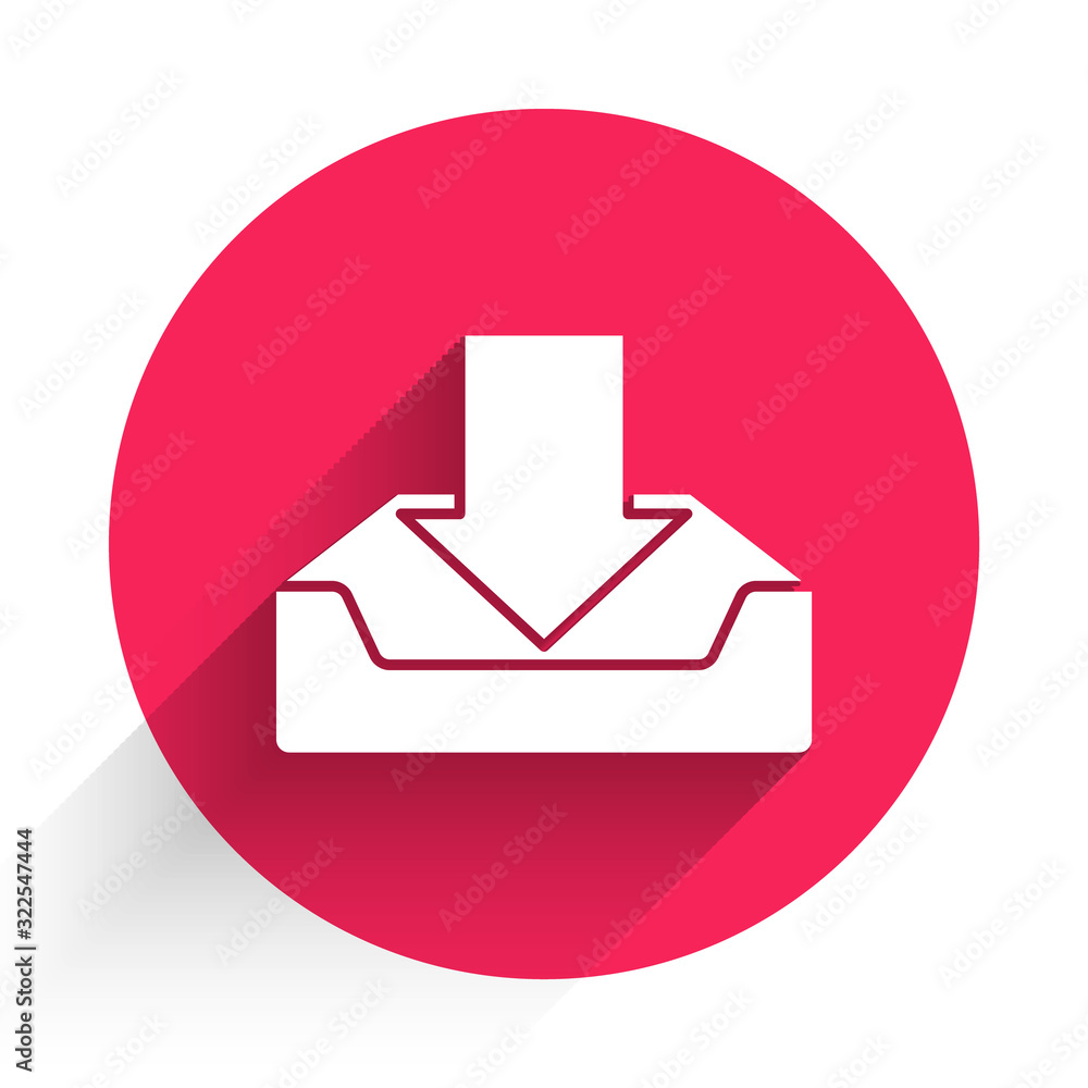 Aufkleber white download inbox icon isolated with long shadow. red circle button. vector illustration