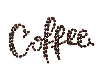 Top view of word coffee made from coffee beans isolated on white background.