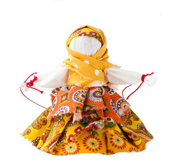 Handmade textile doll isolated on white background.
