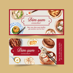Dim sum voucher design with steamed bun, dumpling watercolor illustration.