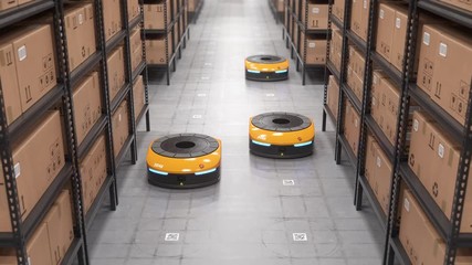 Autonomous robots moving shelves with cardboard boxes in automated warehouse. Seamless looping. Automated warehouse of the future concept. Realistic high quality 3d rendering animation.