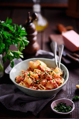Pasta with mortadella tomato  sauce..style rustic