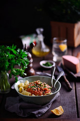 Pasta with mortadella tomato  sauce..style rustic