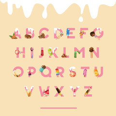 Ice cream alphabet design with chocolate, fruits watercolor illustration.