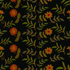 Seamless flower pattern. Cute floral pattern with colorful flowers and leaves.