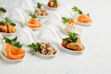 portioned snacks canapes and sandwiches with meat, cheese and vegetables